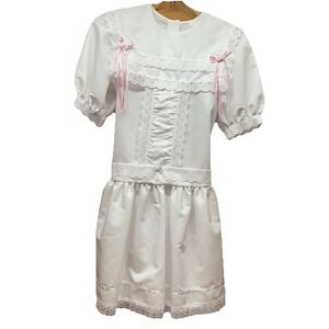 Vtg 80's Jo Lene White Lace Bib Cotton Blend Dress Prairie Puff Sleeves Girls 10